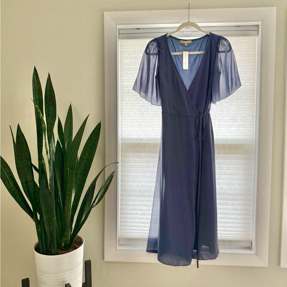 Baltic Born Navy Sheer Sleeve Midi Wrap Dress